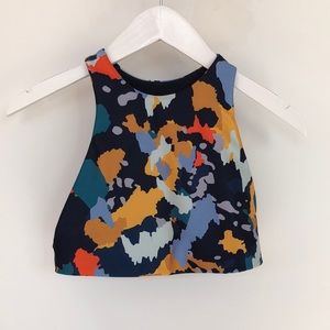 Maaji reversible Womens Crop Top. Navy/Yellow camo flips to Heathered Navy
